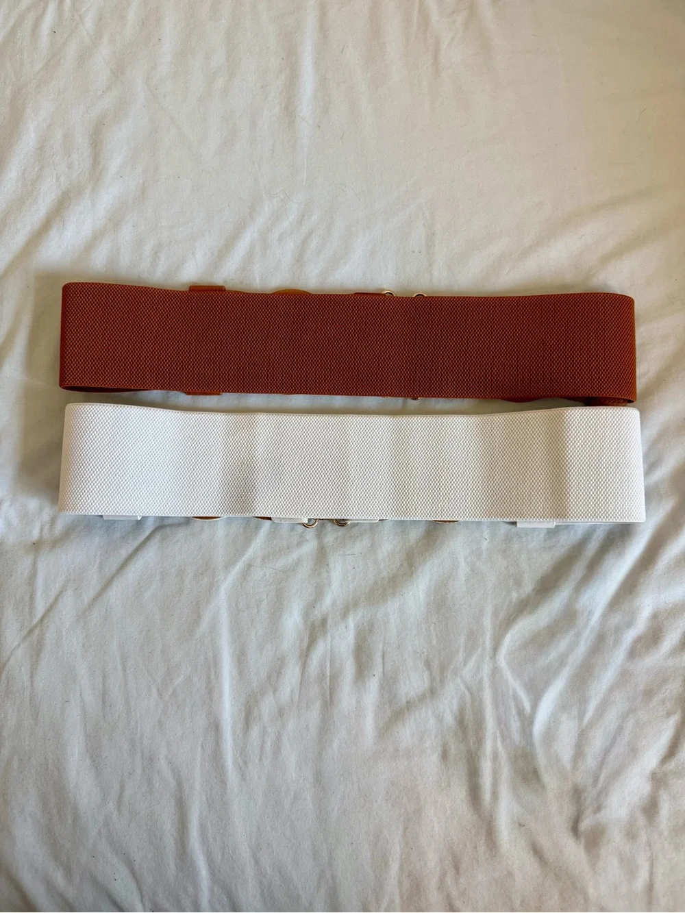 2 Elastic Braided Waist Belts - Tan and White